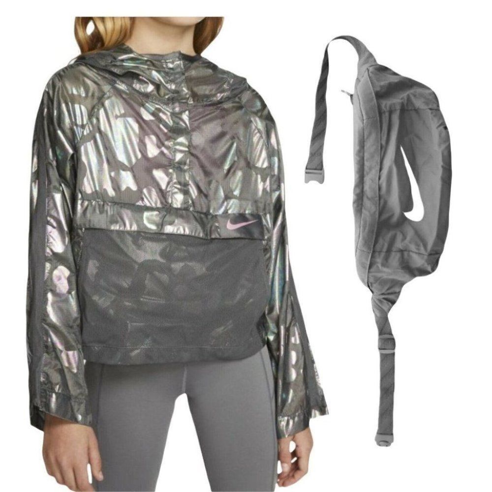 NIKE SPORTSWEAR GIRLS' S HIP PACK-IT PACKABLE JACKET Leopard Animal Print Logo‎